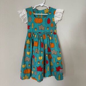 Eleanor Rose Fall Print Blue Dress Girls 4-5Y Pumpkin Leaves Lace Sleeves Twirl